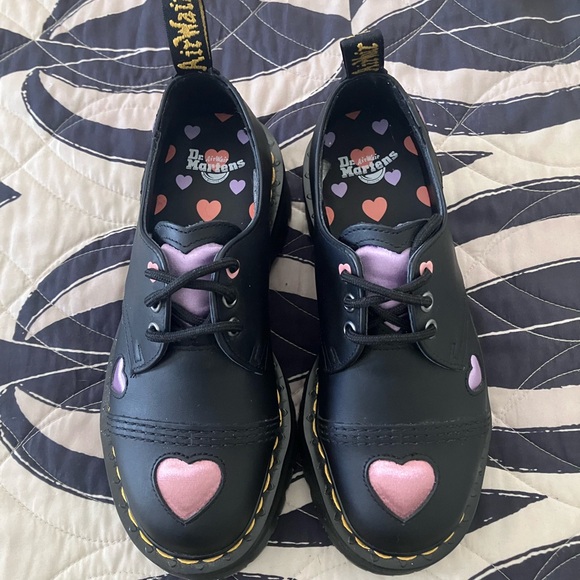 Dr. Martens Shoes - Dr. Martens Black Leather Oxfords 3 hole with pink and purple hearts Brand new